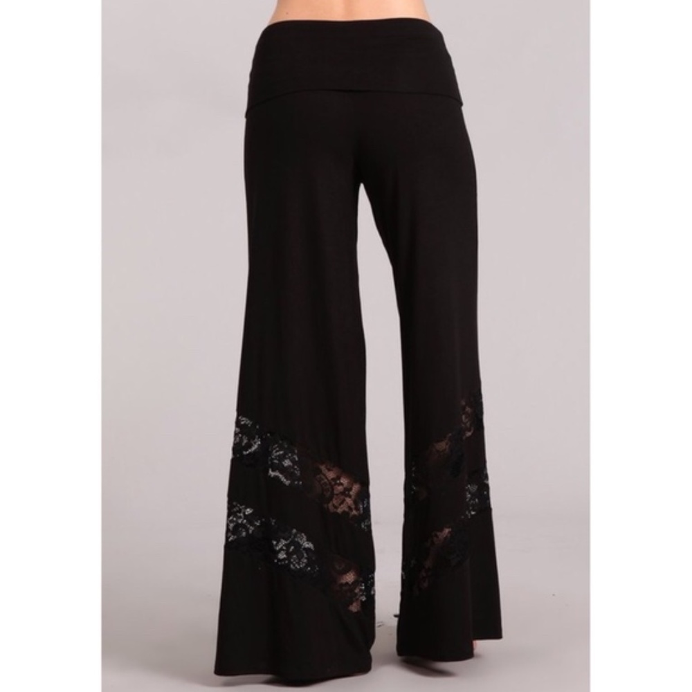 016 Boho Black Wide Leg Palazzo Lace Detail Lounge Pants - Picture 2 of 4